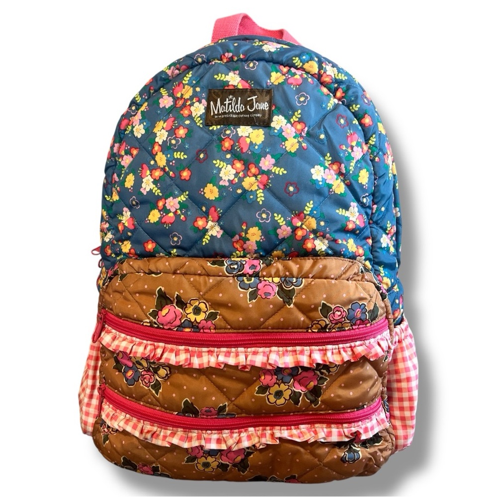 Matilda Jane quilted floral backpack blue brown gingham pink ruffle 16x11x5